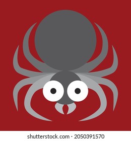 Cute and funny spider. Graphic flat arthropod close-up. Spidery silhouette. Traditional scary Halloween symbol. Spider-like animal. Poisonous arachnid sign. Top view. Insect with expressive eyes.