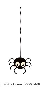 Cute funny spider hanging on thread Halloween cartoon character illustration. Hand drawn kawaii style flat design, isolated vector. Kids seasonal print element, trick or treat, autumn holiday party