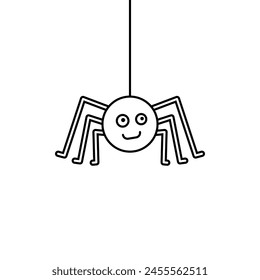 A cute funny spider hangs on a thin web. Outline and line style. Cartoon vector on white background.