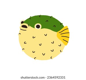 Cute funny spiked puffer fish. Exotic tropical pufferfish, blowfish. Round spiky balloonfish. Sea marine water animal of sphere shape. Flat vector illustration isolated on white background