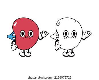 Cute funny spleen waving hand character. Vector hand drawn traditional cartoon vintage, retro, kawaii character illustration icon. Happy spleen outline cartoon illustration for coloring book