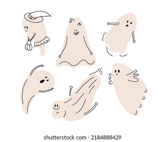 Cute funny spooky ghosts set. Doodle boo characters for Halloween party decoration. Scary cartoon spirits with various face expressions. Flat vector illustration isolated on white background