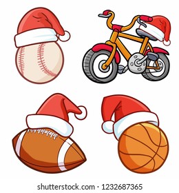 Cute and funny sport items wearing Santa's hat for christmas celebration - vector