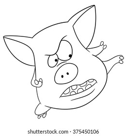 cute funny sportive and soldierly cartoon pig (piggy, hog, sow) is practicing dangerous karate or kung fu fight, isolated on a white background