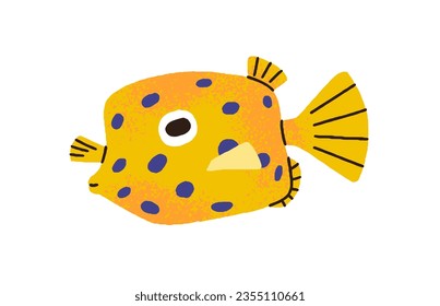 Cute funny spotted aquarium fish. Tropical yellow boxfish. Exotic little sea water species. Ornamental decorative miniature fauna. Flat graphic vector illustration isolated on white background