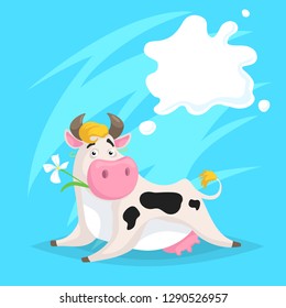 Cute funny spotted cow with milk splash frame. Liyng and chews flower. Cartoon vector illustration on blue comic background. Farm animal.