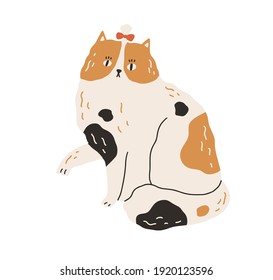 Cute and funny spotty cat with bow on head and raised paw. Big kitty with black and ginger spots isolated on white background. Hand-drawn colored flat vector illustration in doodle style