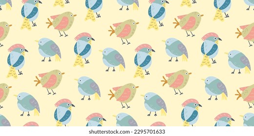 Cute funny spring birds seamless vector pattern