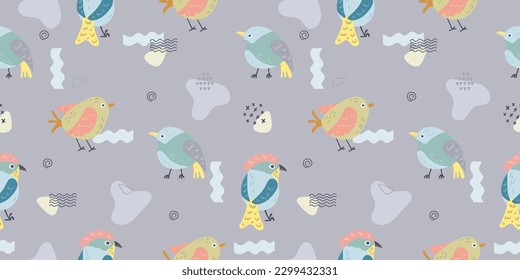 Cute funny spring birds seamless vector pattern