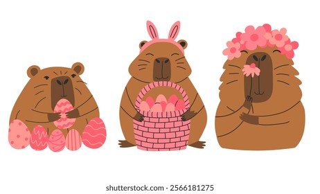 Cute funny spring capybaras. Happy Easter stickers with animals. Vector illustration set with capybara. 