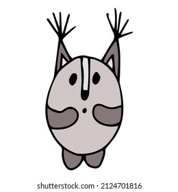 Cute funny squirrel doodle illustration. Brown color, black outline, white background. Cute animal for kids design. Little surprized squirrel. Greeting card design. Postcard for girl or boy.