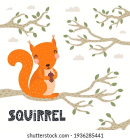 Cute funny squirrel in forest, woodland landscape, isolated on white. Hand drawn wild animal vector illustration. Scandinavian style flat design. Concept for kids fashion, textile print, poster, card