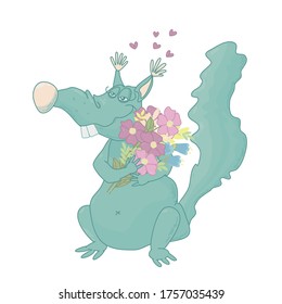 Cute funny squirrel green color with flowers in hands vector white background