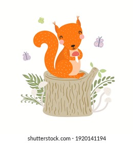 Cute funny squirrel on tree stump, mushrooms, isolated on white. Hand drawn wild animal vector illustration. Scandinavian style woodland. Flat design. Concept for kids fashion, textile print, poster