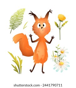 Cute funny squirrel, playful character for children. Illustrated hilarious showing squirrel, posing animal character for kids. Isolated vector character clipart for children in watercolor style.