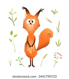 Cute funny squirrel, playful character for children. Illustrated hilarious excited squirrel animal character for kids. Isolated vector character clipart for children in watercolor style.