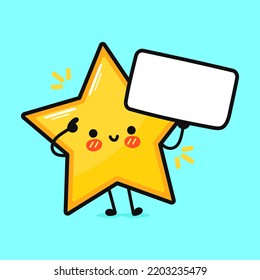 Cute funny star with poster. Vector hand drawn cartoon kawaii character illustration icon. Isolated on blue background. Happy star think concept