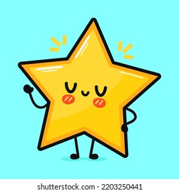 Cute funny star waving hand. Vector hand drawn cartoon kawaii character illustration icon. Isolated on blue background. Happy star character concept