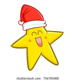 Cute and funny star wearing Santa's hat and smiling - vector.