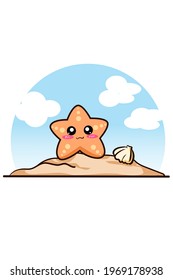 Cute and funny starfish on beach cartoon illustration