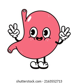 Cute funny stomach waving hand character. Vector hand drawn traditional cartoon vintage, retro, kawaii character illustration icon. Isolated on white background. Happy stomach character concept