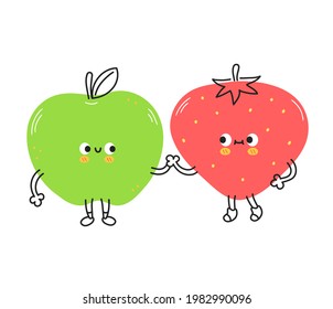 Cute funny strawberry and apple fruits. Vector hand drawn cartoon kawaii doodle character illustration. Strawberry,apple fruit friends mascot cartoon character concept.Isolated on white background