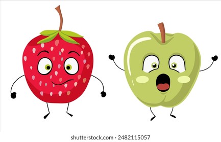 Cute and funny strawberry and apple. Vector collection of cute fruits. Funny fruit characters. 