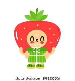 Cute funny strawberry with baby face hold gift. Vector cartoon kawaii character illustration kids emoji icon. Isolated on white background. Strawberry child poster, card cartoon character concept