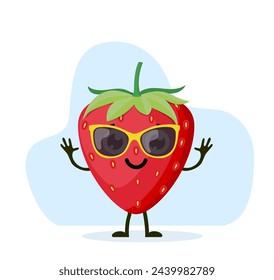 Cute and funny strawberry character with sunglasses. Colorful summer design. Vector illustration in flat style