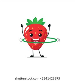 Cute and funny strawberry doing hula hoop. fruit doing fitness or sports exercises. Happy character working out vector illustration.