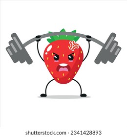 Cute and funny strawberry doing weightlifting. fruit doing fitness or sports exercises. Happy character working out vector illustration.