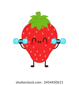 Cute funny strawberry fruit is doing gym with dumbbells
