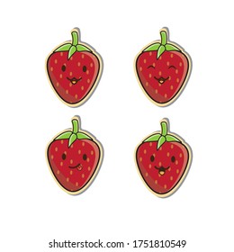 cute funny strawberry fruit stickers set vector illustration character with emotion