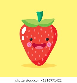 cute and funny strawberry smiling. Cartoon kawaii character. Isolated on yellow background. vector illustration