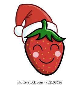 Cute and funny strawberry wearing Santa's hat and smiling - vector.