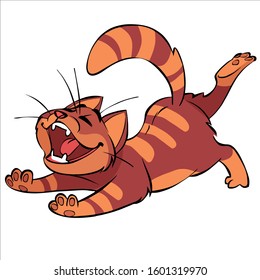 Cute funny striped brown cat with pleasure pulls the back leg