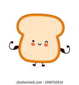 Cute funny strong bread toast show muscle character. Vector flat line cartoon kawaii character illustration icon. Isolated on white background. Toast with face character mascot concept