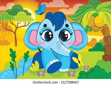 A cute funny stylized elephant sits in the savannah under a palm tree. Children's illustration for preschool children.