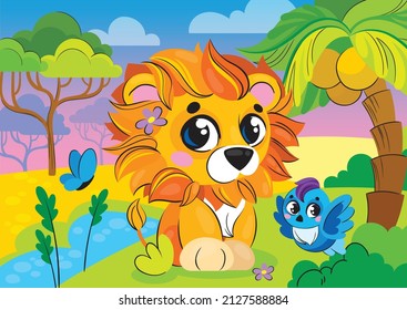 A cute funny stylized lion cub sits in the savanna under a palm tree. Children's illustration for preschool children.