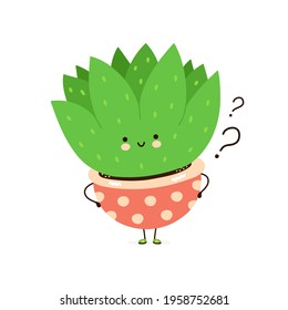Cute funny succulent plant in pot character with question. Vector hand drawn cartoon kawaii character illustration. Isolated on white background.Succulent,cactus plant in pot cartoon character concept