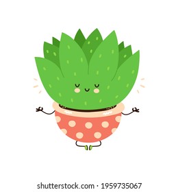 Cute funny succulent plant in pot character meditate. Vector hand drawn cartoon kawaii character illustration. Isolated on white background. Succulent, cactus plant in pot cartoon character concept