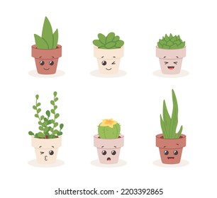 Cute funny succulents. Kawaii home cacti characters in flowerpots set, happy love cactus with flower, houseplants faces emoji stickers potted plant vector illustration of floral succulent plant