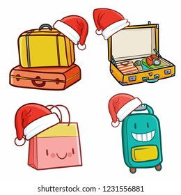 Cute and funny suitcase for travel set wearing Santa's hat for christmas - vector