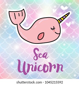 Cute funny summer magic pink unicorn whale sticker badge pin vector illustration on gradient soft fish scale background. Card or poster design concept