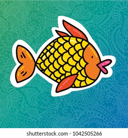 Cute funny summer sea gold fish on gradient green blue paisley background. Card print, poster or t-shirt print hipster trendy design concept template