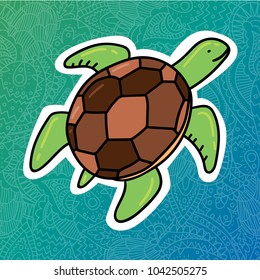 Cute funny summer sea turtle on gradient green blue paisley background. Card print, poster or t-shirt print hipster trendy design concept template