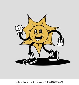 Cute funny Sun character. Retro Vector hand drawn cartoon character illustration icon.Sun character concept