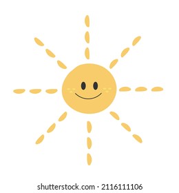 Carácter gracioso de Sun. Sol de dibujos animados hechos a mano por vectores aislado en fondo blanco. Concepto de carácter solar
