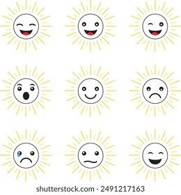 Cute funny Sun characters vector set. Sun emoticon collection in different facial expression for hot tropical summer design. Vector illustration