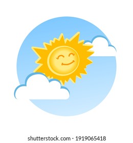 Sol gracioso lindo con nubes en la ilustración del vector del cielo.